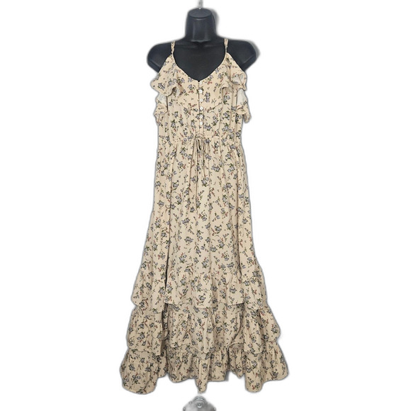 STORIA Cottage Maxi Dress Sz L Tiered Ruffles Floral Tiny Buttons Romantic - Picture 1 of 8